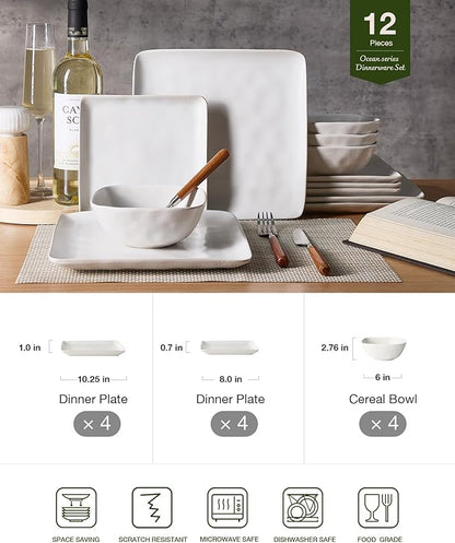 Famiware Dinnerware Sets for 4, Ocean Square 12-Piece Kitchen Plates and Bowls Sets, Microwave and Dishwasher Safe, Scratch Resistant, Matte White