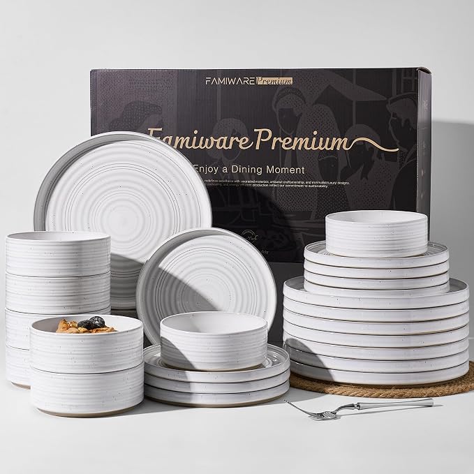 Stoneware Dinnerware Sets for 8, Reactive Glaze Plates and Bowls Set, Chip & by FamiwarePremium