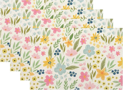 Yellow Pink Blue Floral Spring Placemats Set of 4, 12x18 Inch Watercolor Flower Decorative Table Mats Summer Seasonal Holiday Table Placemats for Party Home Kitchen Dining Table Decoration