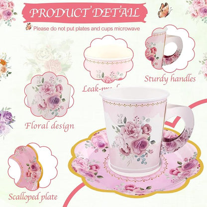 24 Sets Disposable Paper Tea Cups 7 OZ Floral Tea Party Cups | - Image 3
