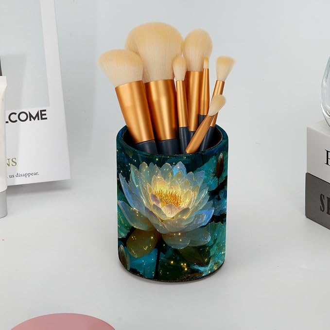 Leather Pen Holder for Desk, Water Lilies Pencil Cup Pen Organizer Makeup Brush - Image 6
