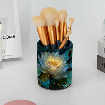 Leather Pen Holder for Desk, Water Lilies Pencil Cup Pen Organizer Makeup Brush - Image 6