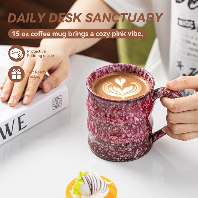 Unique Reactive Glaze Cherry Red Ceramic Coffee Mug - 15 oz Large Coffee Cup - Image 5