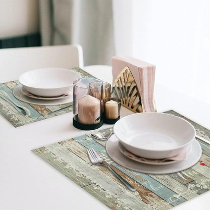 Vintage Farmhouse Placemat Set, Green Blue Rustic Wooden Plank Art Sketch Cutlery Knife Fork Inspirational Quotes Pattern Home Decor Linen Table Mats for Dining Room Kitchen Party (17x12in) x6P