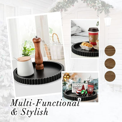 Handmade 12in Decorative Tray for Coffee Table Tray Decor, Black Wooden Decorative Round Tray for Kitchen, Living Room, Home Decor