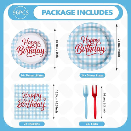 96 Pcs Blue Gingham Birthday Party Decorations, Serves 24 | Blue and White - Image 5