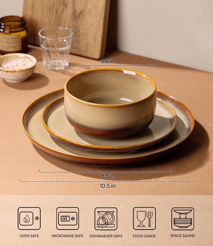 Ceramic Dinnerware Set for 4, 12-Piece Plates and Bowls Set | Handmade Reactive - Image 2