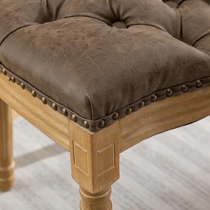 Ball & Cast French Vintage Upholstered Dining Chairs Set of 2, Button Tufted Kitchen Side-Chairs with Carved Antique Wood Frame & Nailhead Trims, PU-Leather Curved Backrest Louis Chair, PU Brown