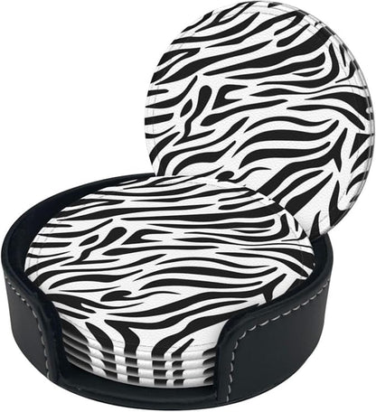 Drink Coasters with Holder Stand Set of 6, Zebra Stripes Print Pu Leather - Image 8