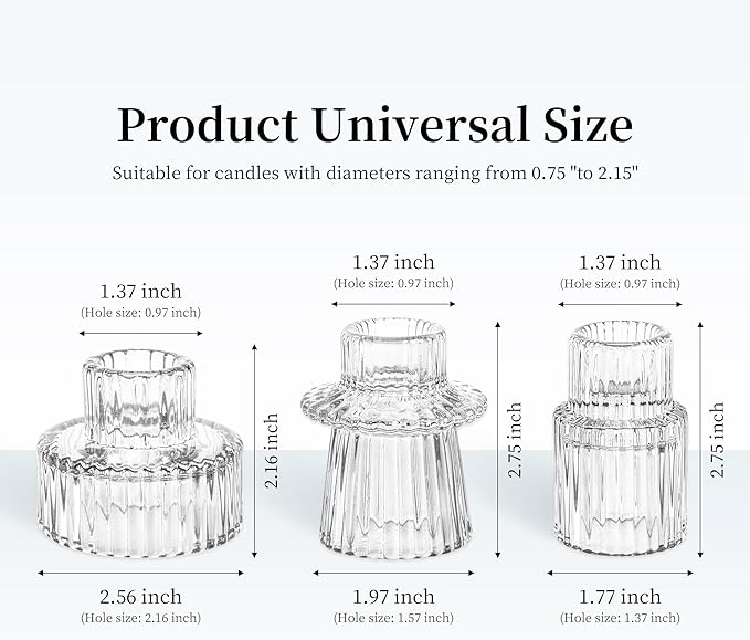 Taper Votive Candle Holder for Pillar Candles Tealight, Candlestick Holder for Wedding Christmas Tea Party, Boho Ribbed Vintage Crystal Glass Table Centerpiece Decor, Bulk Set of 6 (Clear)