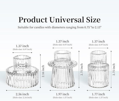 Taper Votive Candle Holder for Pillar Candles Tealight, Candlestick Holder for Wedding Christmas Tea Party, Boho Ribbed Vintage Crystal Glass Table Centerpiece Decor, Bulk Set of 6 (Clear)