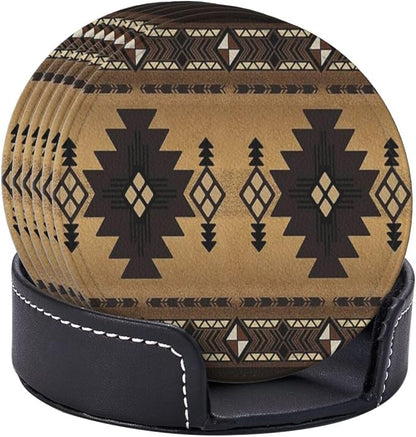 6 Pcs Brown Western Southwest Modern Geometric Abstract Art Leather Coasters - Image 6