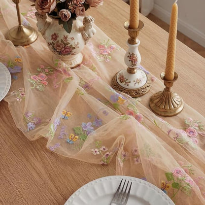 Champagne Floral Table Runner 10ft Embroidery Tulle Spring Wildflower Table - Image 4