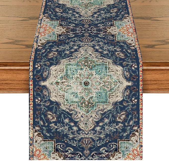 Artoid Mode Boho Bohemia Style Blue Table Runner, Country Rustic Farmhouse by ArtoidMode