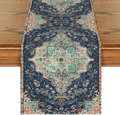 Artoid Mode Boho Bohemia Style Blue Table Runner, Country Rustic Farmhouse by ArtoidMode