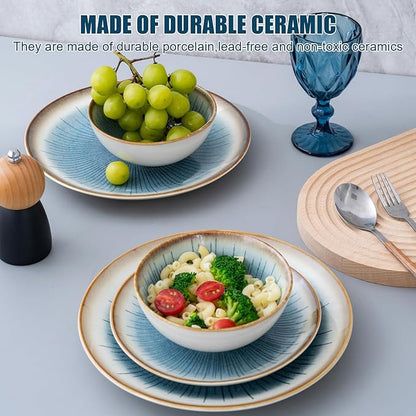 Blue Stoneware Dinnerware Set, 12 Pieces, Blue Stripe Marble, Dishwasher & Microwave Safe