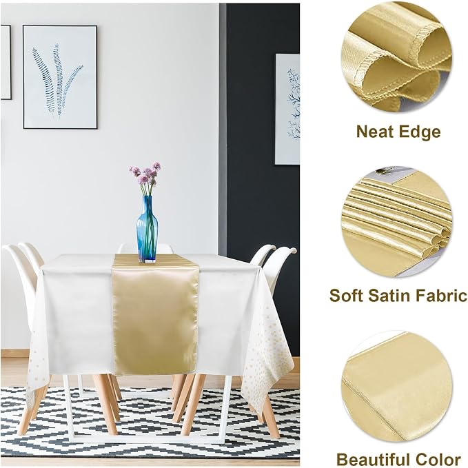12Pack Disposable Plastic Tablecloths and Satin Table Runner Set White and Gold - Image 3