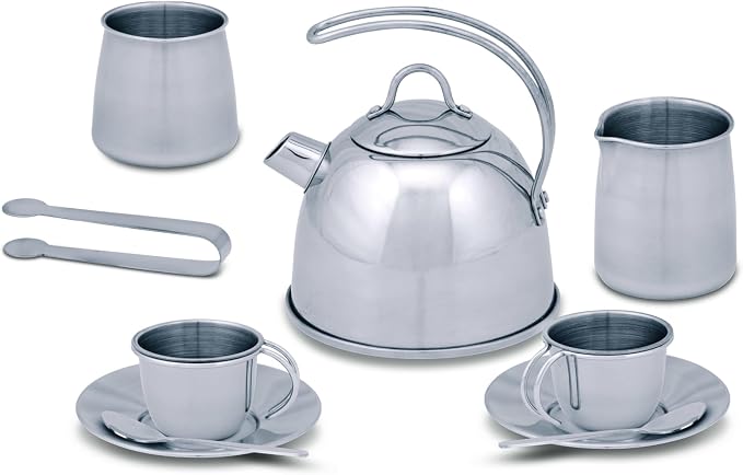 Melissa & Doug Stainless Steel Pretend Play Tea Set and Storage Rack - Image 4