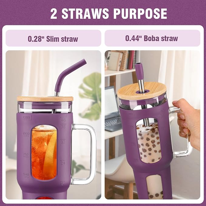 WINSA Glass Tumbler with Lid and Straw, 46 oz, Dark Purple | Iced Coffee Cup - Image 2