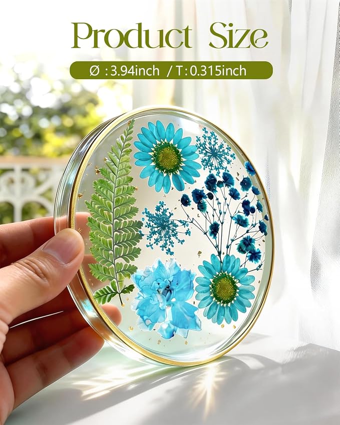 Oqplog Resin Drink Coasters for Desk Coffee Table-Blue Cute Dried Flowers Cup - Image 2