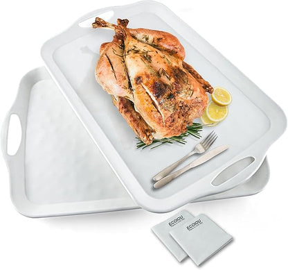 Extra Large Serving Tray with Handles, 20x13 inch, Set of 2 Melamine Platters for Serving Food, Turkey, Cookie, Rectangular Trays for Eating, Raised Dots Matt Finished, Dishwasher Safe, White