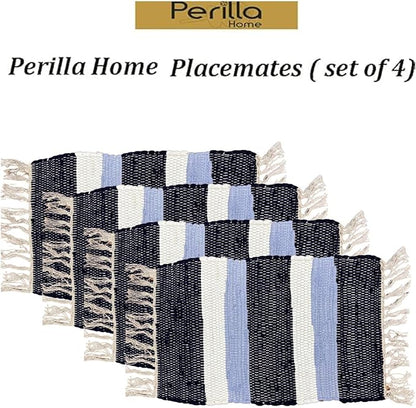 Perilla Home Placemat Set of 4 - Cotton Linen Blend Square Placemats - Farmhouse Rustic Woven Bohemian Machine Washable Table Mats with Tassels for Dining Table Decor (Dark Blue Sky Blue & White)