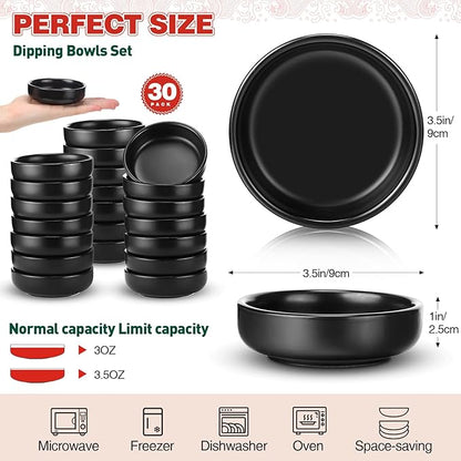 Roshtia 30 Pieces Ceramic Soy Sauce Dish 3.5 Inch Porcelain Dipping Bowls 3oz Multipurpose Small Bowl Mini Serving Dinnerware for Pinch Seasoning Appetizer Soy Sushi(Matte Black)