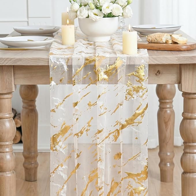 Artoid Mode Marble Pattern Beige Gauze Table Runner 10FT, Glitter Metallic Foil - Image 2