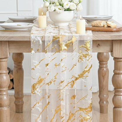 Artoid Mode Marble Pattern Beige Gauze Table Runner 10FT, Glitter Metallic Foil - Image 2