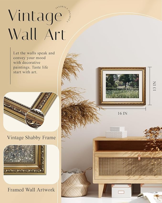 InSimSea Gold Picture Framed Wall Art, Living Room Bedroom Vintage Wildflower Field Gallery Canvas Print Wall Decor, Home Farmhouse Decor, Antique Paintings with Frames 13x16inch
