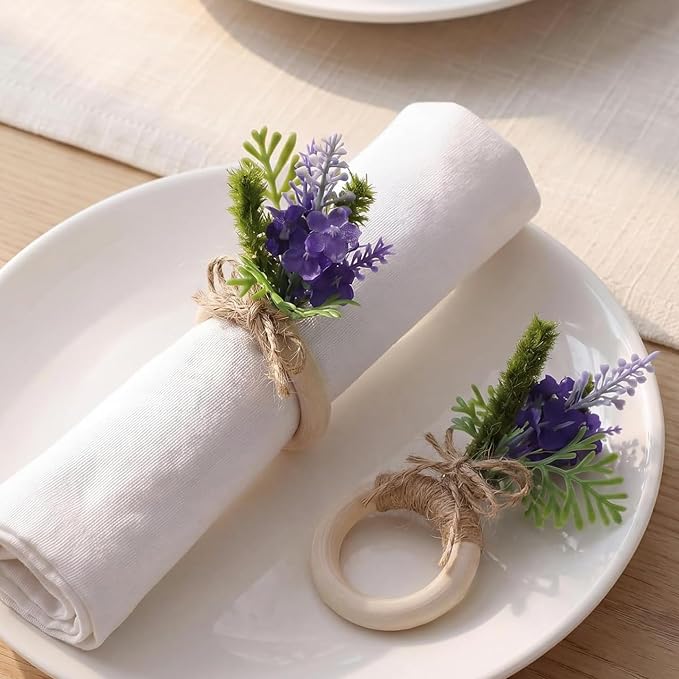 Flower Napkin Rings Set of 12 Wooden Purple Lavender Flowers Handmade Napkin by Gandeer