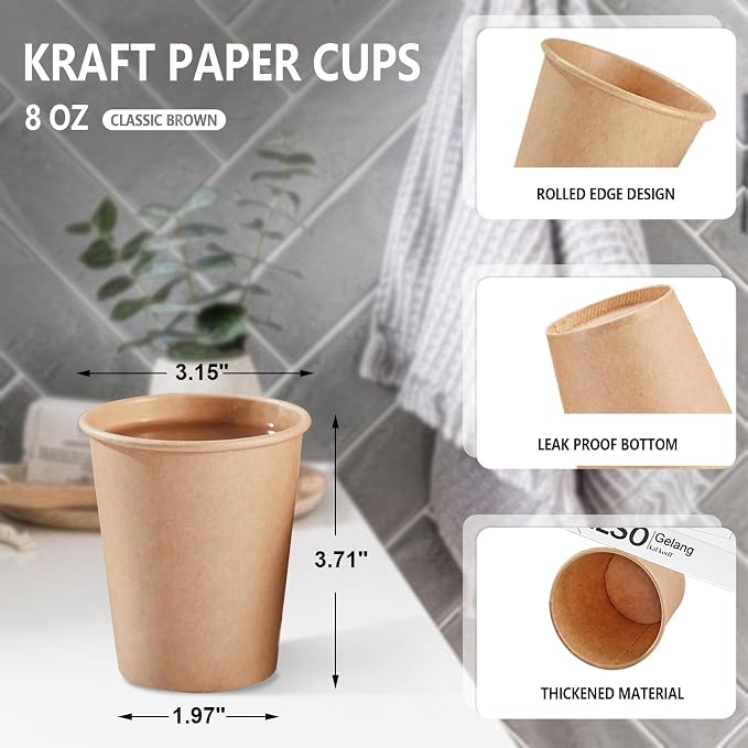 SIUQ 400 Pack 8 oz Kraft Paper Cups, Unbleached Disposable Coffee Cups | Brown - Image 2
