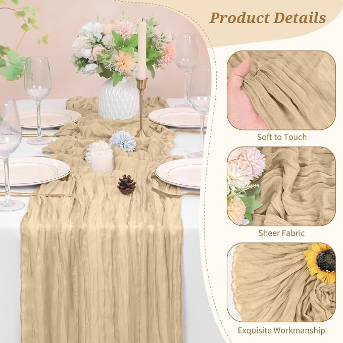 Pesonlook Cheesecloth Table Runner Beige, 10 Pack 17.7x108 inch, Long | Rustic - Image 3