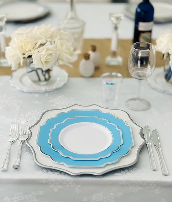 " OCCASIONS " 120 Plates Pack,(60 Guests) Heavyweight Premium Wedding Party Disposable Plastic Plates -60 x10.5'' Dinner + 60 x 8'' Salad/Dessert (Imperial Aqua & Silver)
