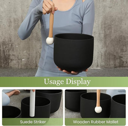 432HZ 7-11 Inch 3 Pcs Black Frosted Crystal Singing Bowl Set for Meditation Healing Yoga Chakra Quartz Crystal Sound Bowls with Heavy Duty Carry Cases and Rubber Mallet,Suede Striker,O-rings