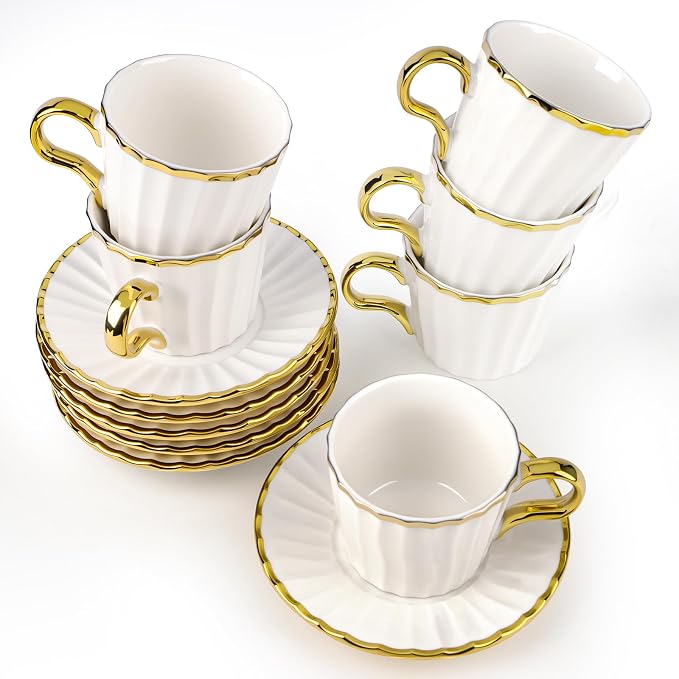 Espresso Cups with Saucers, 3.5 oz Turkish Coffee Cup With Gold Trim, Ceramic by Hebaogugu