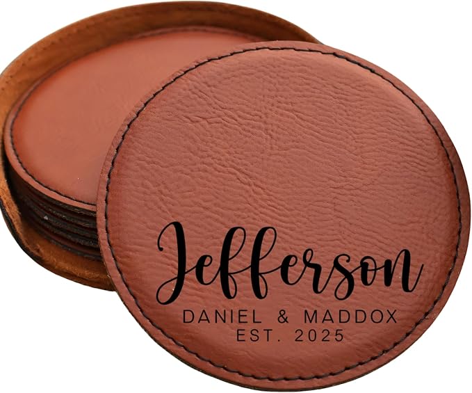 Custom Round Engraved Coasters, Personalized Leather Coaster, Laser Engraved by Obsidian+Home+Creations
