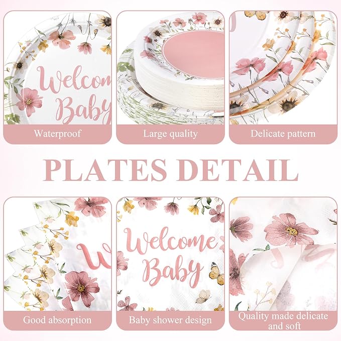 Pickmesh 250 Pcs Pink Floral Baby Shower Party Supplies Decorations Serve 50 - Image 2