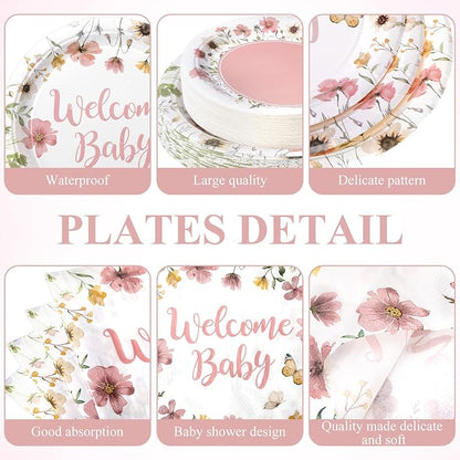 Pickmesh 250 Pcs Pink Floral Baby Shower Party Supplies Decorations Serve 50 - Image 2