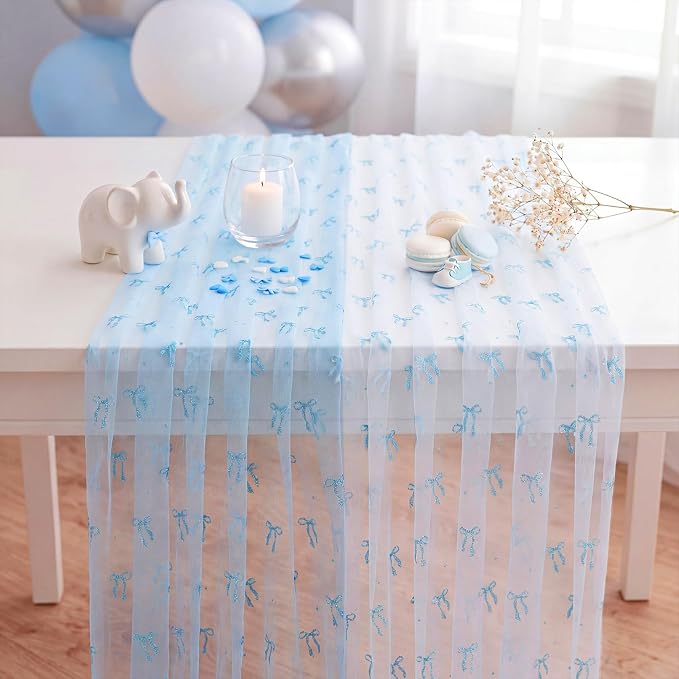 4 Pcs Blue Bow Table Runners 29 x 70 Inch Blue Tulle Lace Table Runner Coquette - Image 3