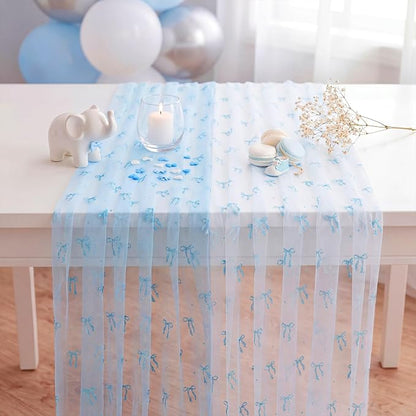 4 Pcs Blue Bow Table Runners 29 x 70 Inch Blue Tulle Lace Table Runner Coquette - Image 3