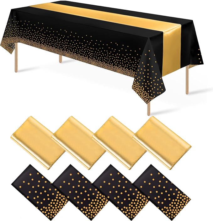 8Pack Disposable Plastic Tablecloths and Satin Table Runner Set Black Gold Dot by MASHAN