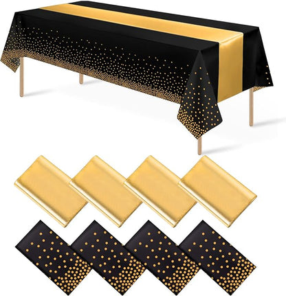 8Pack Disposable Plastic Tablecloths and Satin Table Runner Set Black Gold Dot by MASHAN