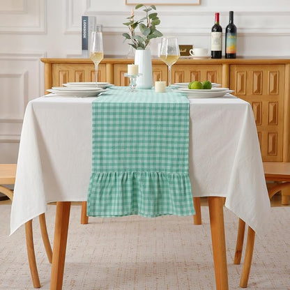 Spa Blue White Plaid Gingham Ruffle Table Runner 108 inches Long Christmas 100% by KMASANIJI