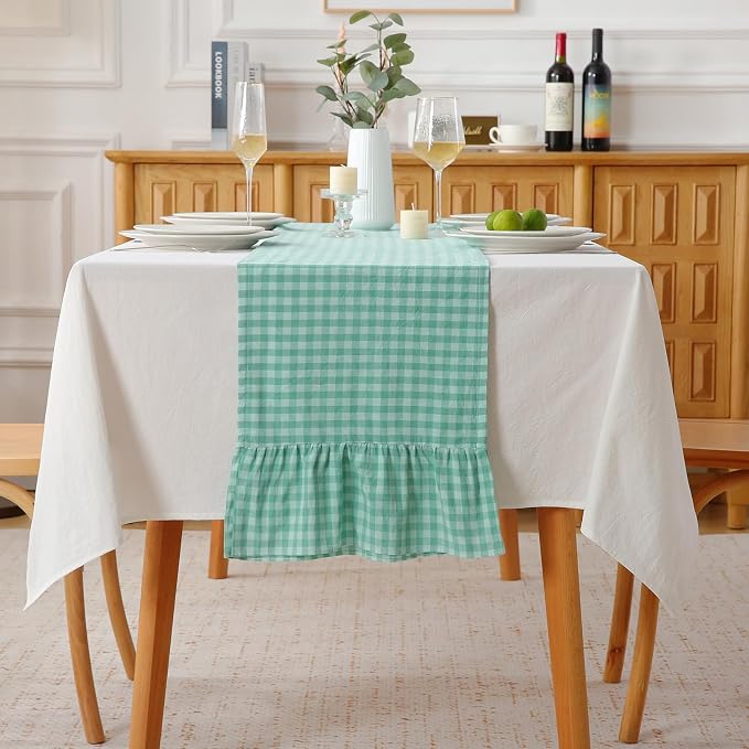 Spa Blue White Plaid Gingham Ruffle Table Runner 120 inches Long Christmas 100% by KMASANIJI