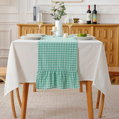 Spa Blue White Plaid Gingham Ruffle Table Runner 72 inches Long Christmas 100% by KMASANIJI