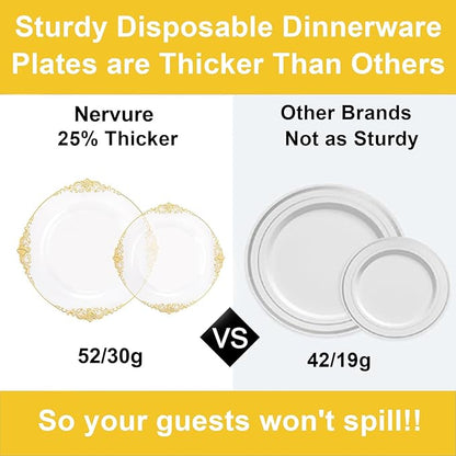 Nervure 100PCS Clear and Gold Plastic Plates - 10.25Inch Gold Disposable Plates - Heavyweight Dinner Plate for Wedding & Party