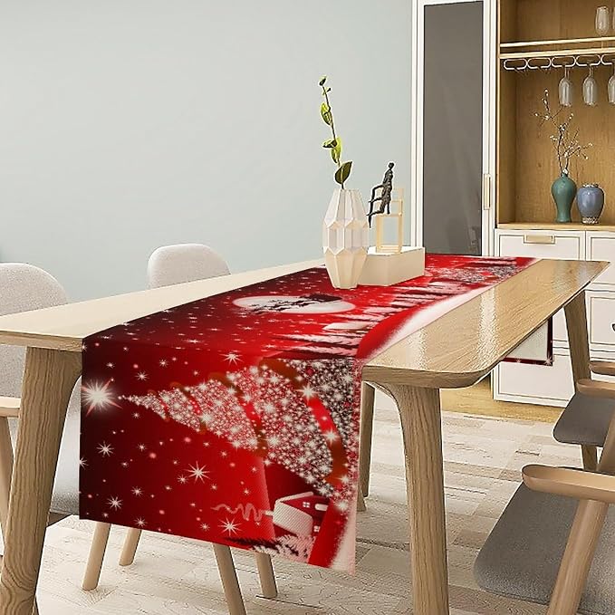 Merry Christmas Table Runner Red Snowflakes, Xmas Ball Ornaments Snow Red Table - Image 2