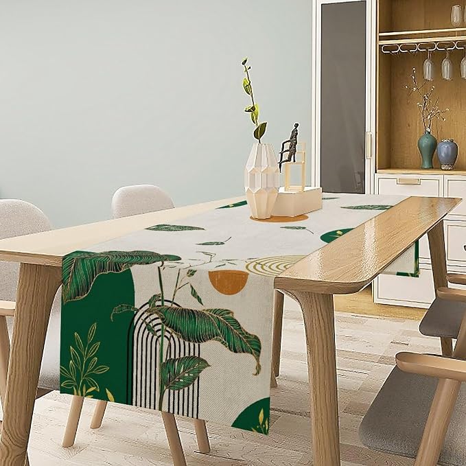 Green Abstract Mid Centruy Table Runner Retro Boho Tropical Leaves Palms Tree - Image 2