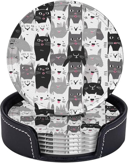 Cartoon Cute Cat Kitten Leather Coasters Set of 6 - Image 2
